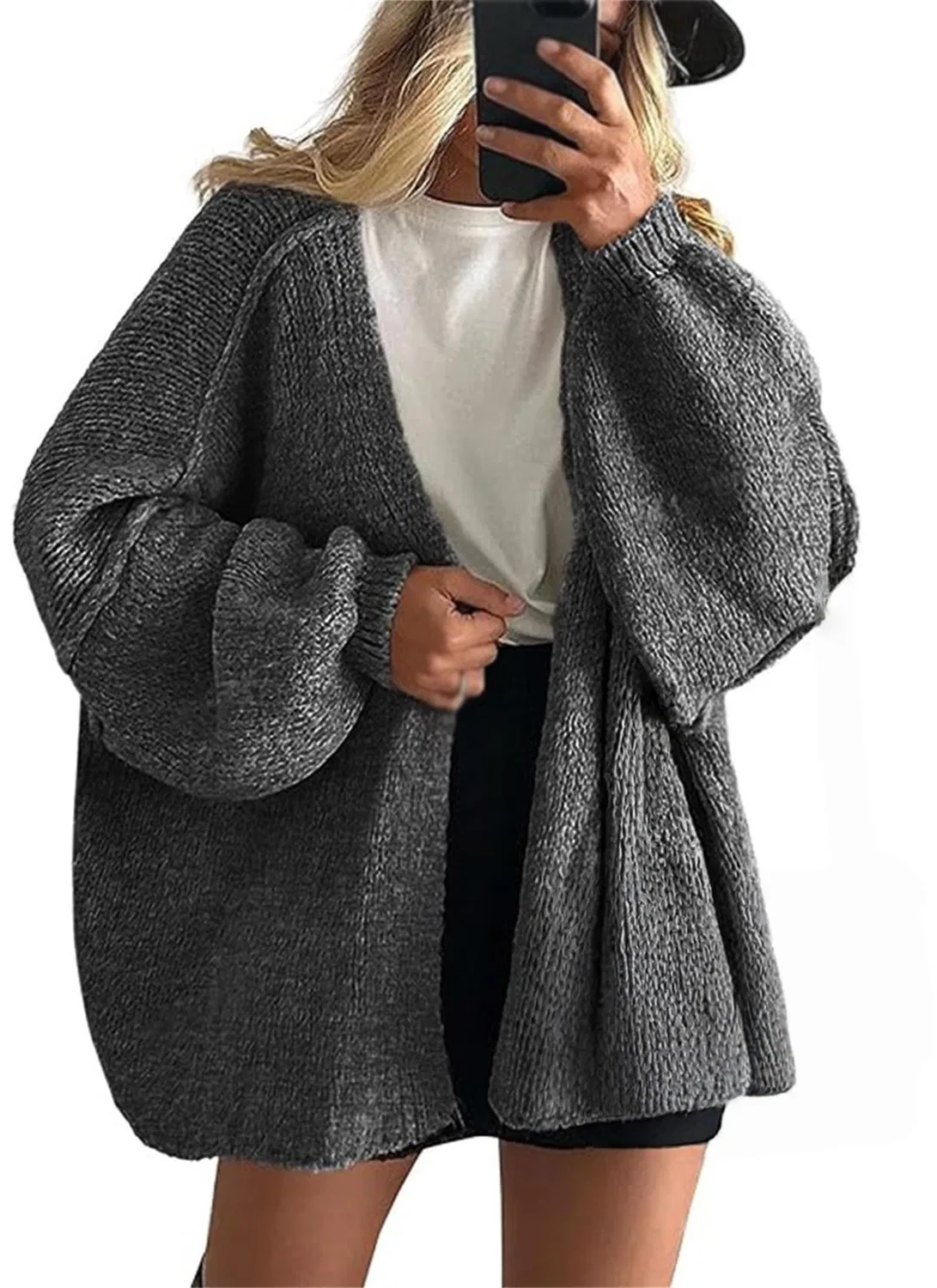 Женский удлиненный кардиган с фактурной вязкой и рукавом-фонарик, Dark Grey