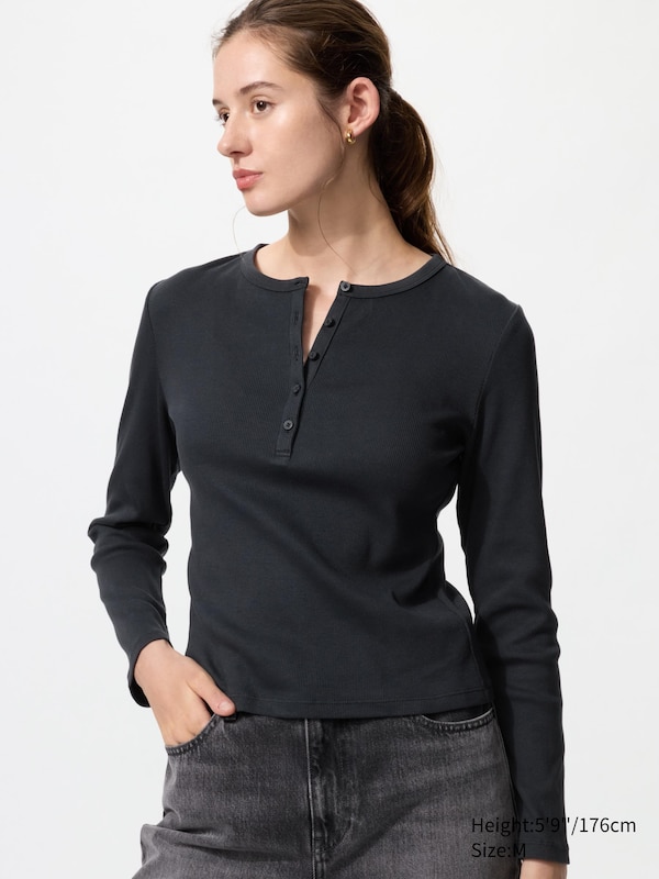 

Рифленая футболка хенли с длинным рукавом Uniqlo, 09 black, Черный, Рифленая футболка хенли с длинным рукавом Uniqlo, 09 black