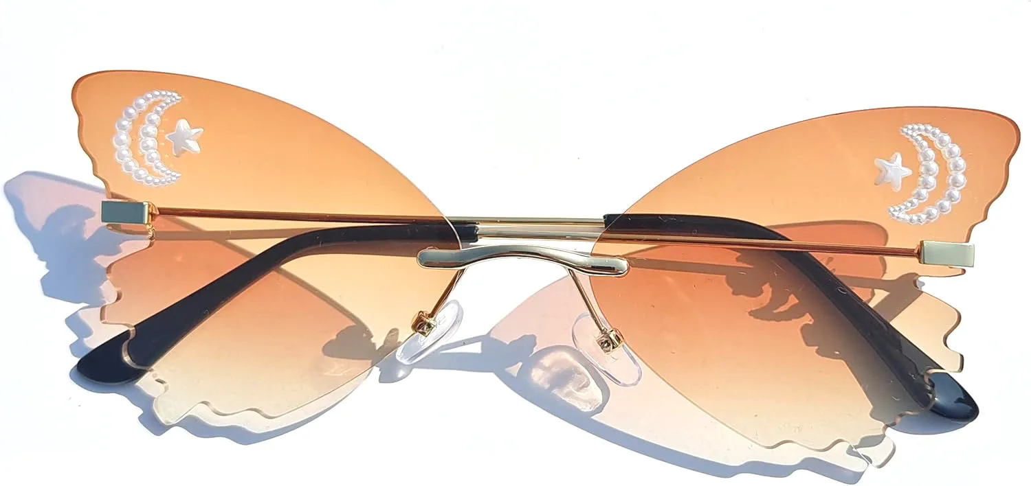 

Солнцезащитные очки Willochra Cute Diamond Butterfly Sunglasses Women Rimless в форме «кошачий глаз», с жемчужными стразами, розовые, для вечеринки, Brown