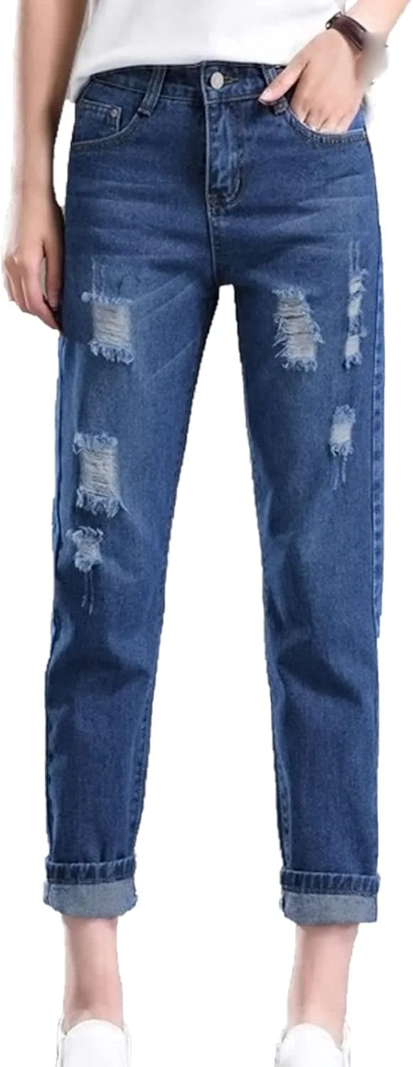 

Maiyifu-GJ рваные джинсы для женщин Mid Waisted Skinny Straight Destroyed Denim Pants Slim Fit