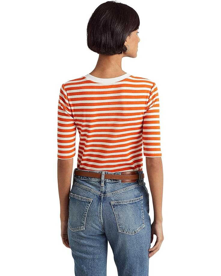 

Футболка LAUREN Ralph Lauren Striped Cotton-Blend Henley Tee, цвет Vivid Tangerine/Mascarpone Cream