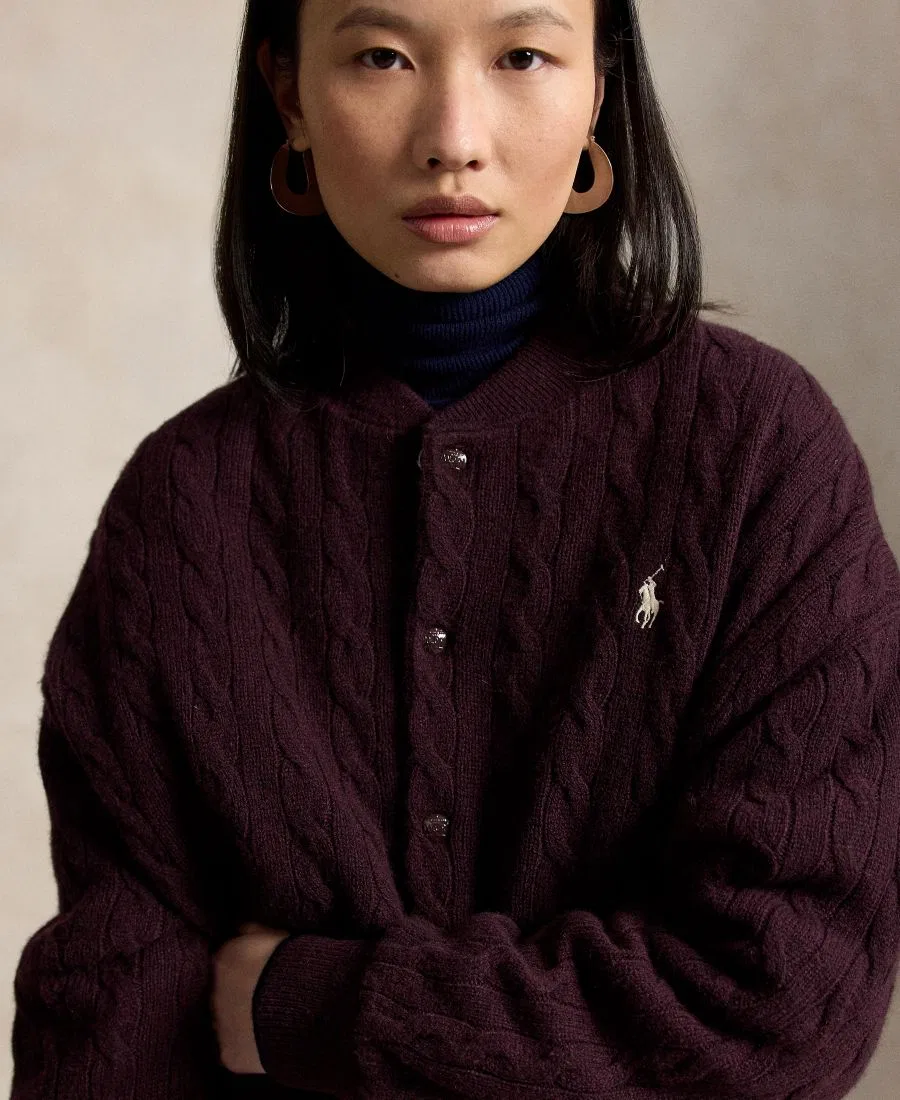 Женский жакет с кабельной вязкой и логотипом Polo Ralph Lauren, Damson Melange — фото 3