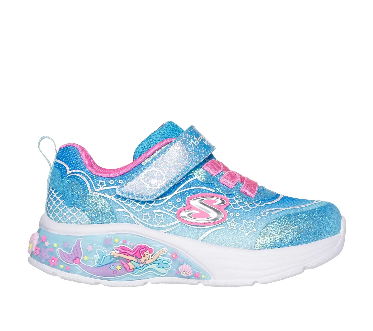 Детские кроссовки для девочек с блестками My Dreamers Lil Mermaid Skechers, Blue Sparkle Mesh Multi Trim — фото 4