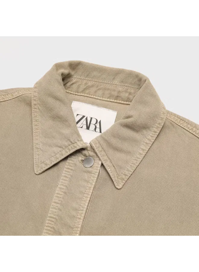 Джинсовая куртка с отложным воротником Zara, хаки зеленый — фото 4