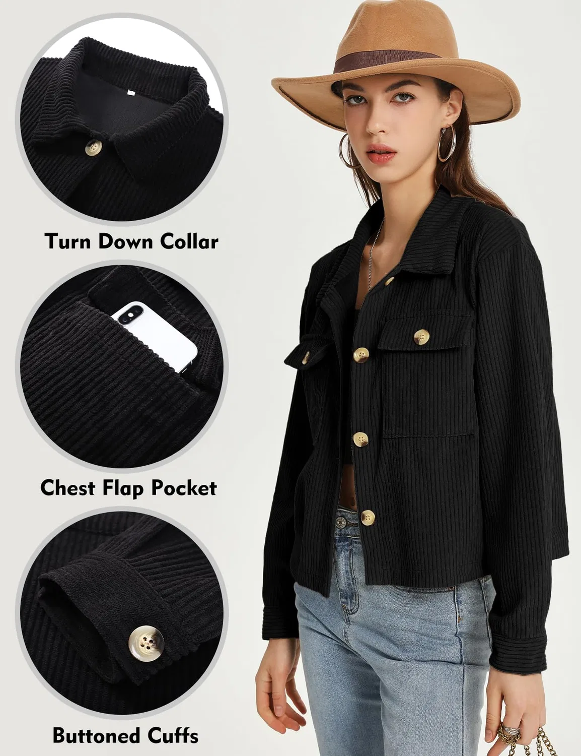 Женская куртка из вельвета в рубчик с пуговицами Donna Moda, Nero — фото 4