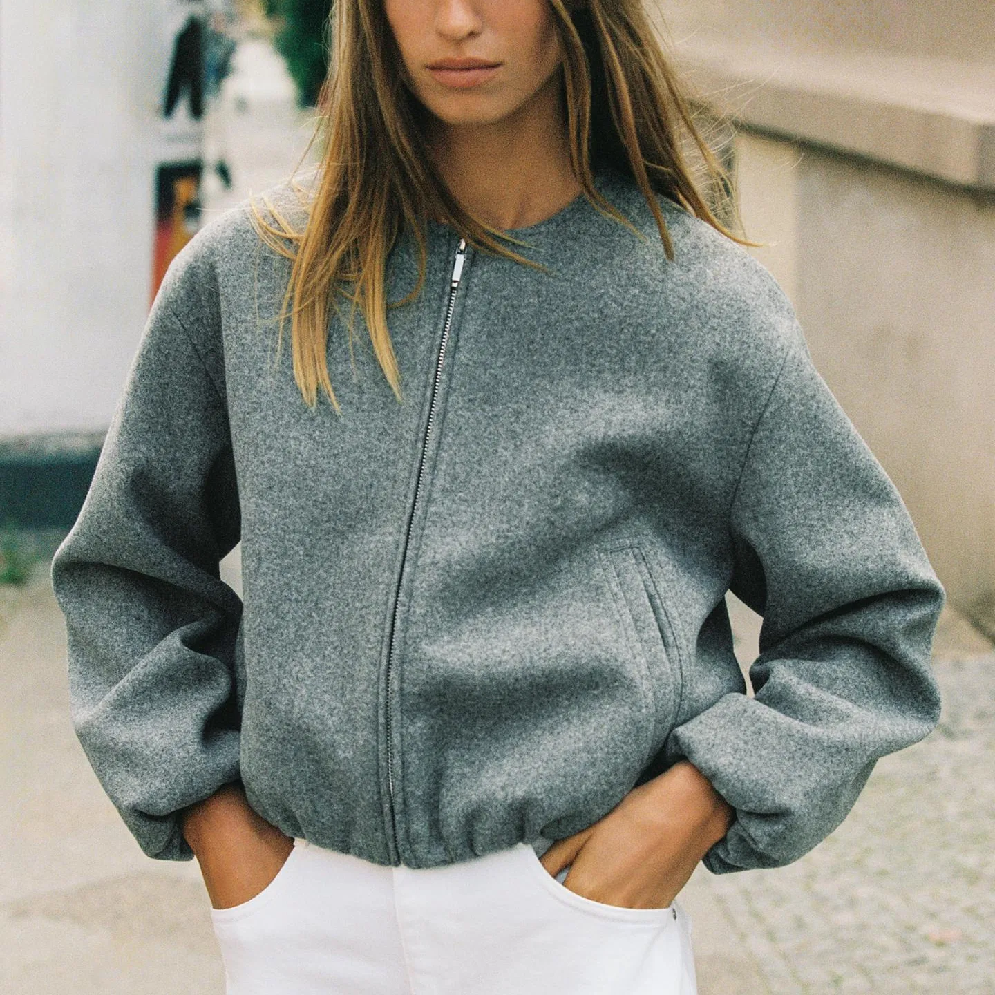 Женская куртка-пилот с серым воротником-стойкой ZARA, Gray — фото 4