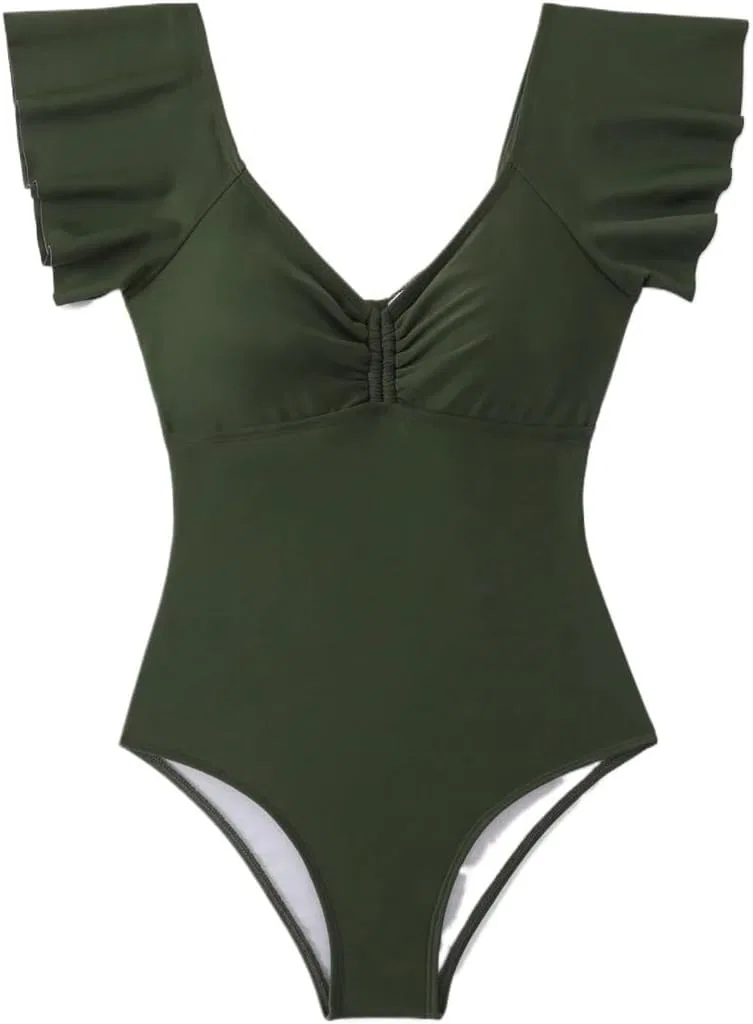 Женский цельнокроеный купальник с защипами и рюшами, Army Green