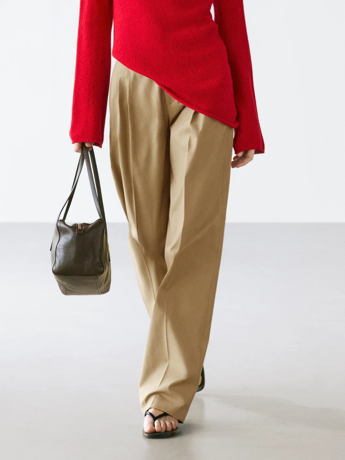 Брюки прямого кроя со складками Massimo Dutti, песочный коричневый — фото 2