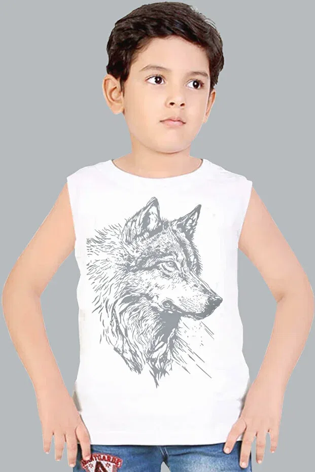 Детская футболка для мальчиков с принтом Wolf Head White Cut Sleeve Rockandroll, White