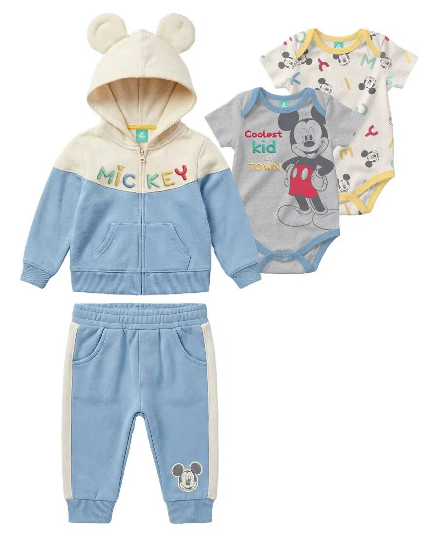 Комплект из 4 предметов Mickey Mouse: худи с капюшоном и ушками, 2 боди, штаны Disney, Blue/White/Gray
