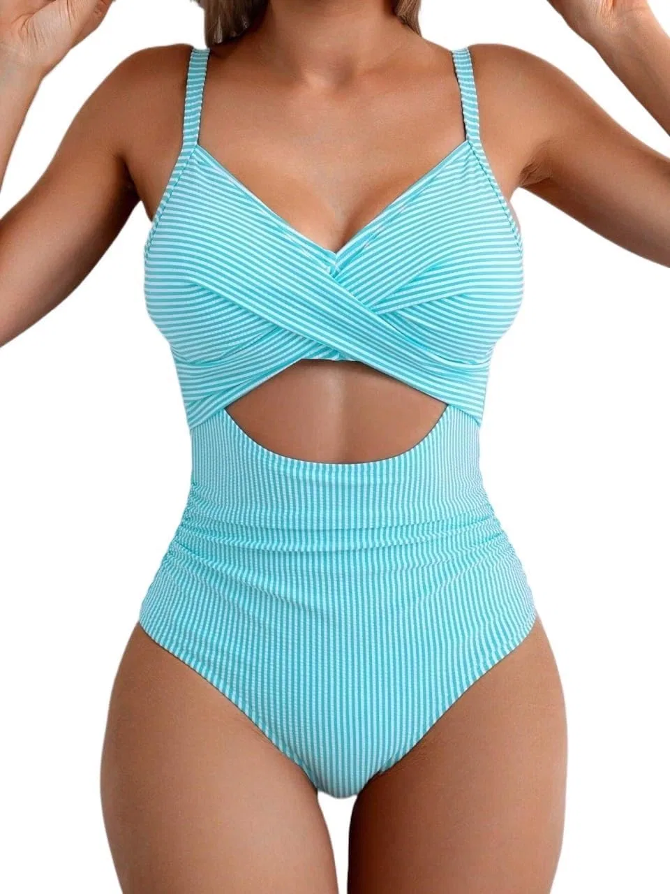 Женский слитный купальник с вырезами и шнуровкой, Striped, Mint Blue