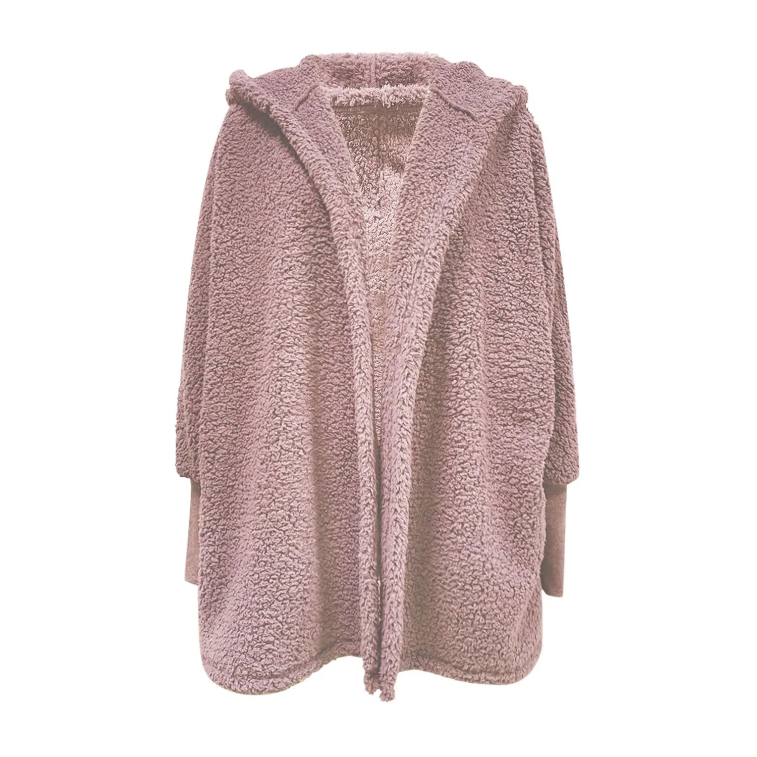 Женское утепленное пальто-кардиган с капюшоном Women Oversized Fleece Hooded Jacket, pink — фото 3
