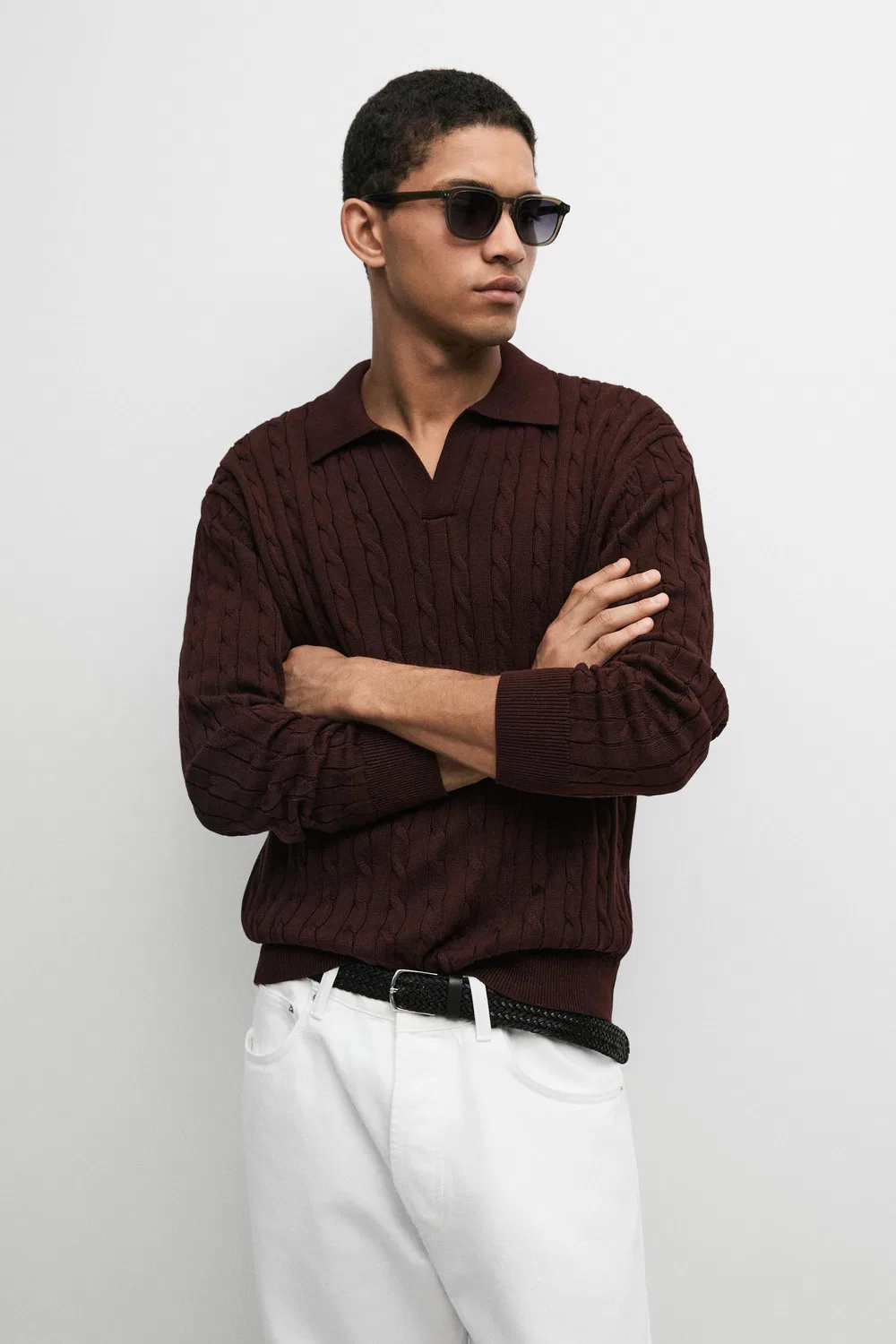 Поло-свитер Massimo Dutti, крупной вязки из хлопка, бургундия — фото 2