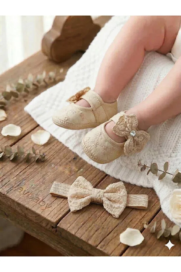 Детские пинетки для девочек с бантом Vavbaby, Beige
