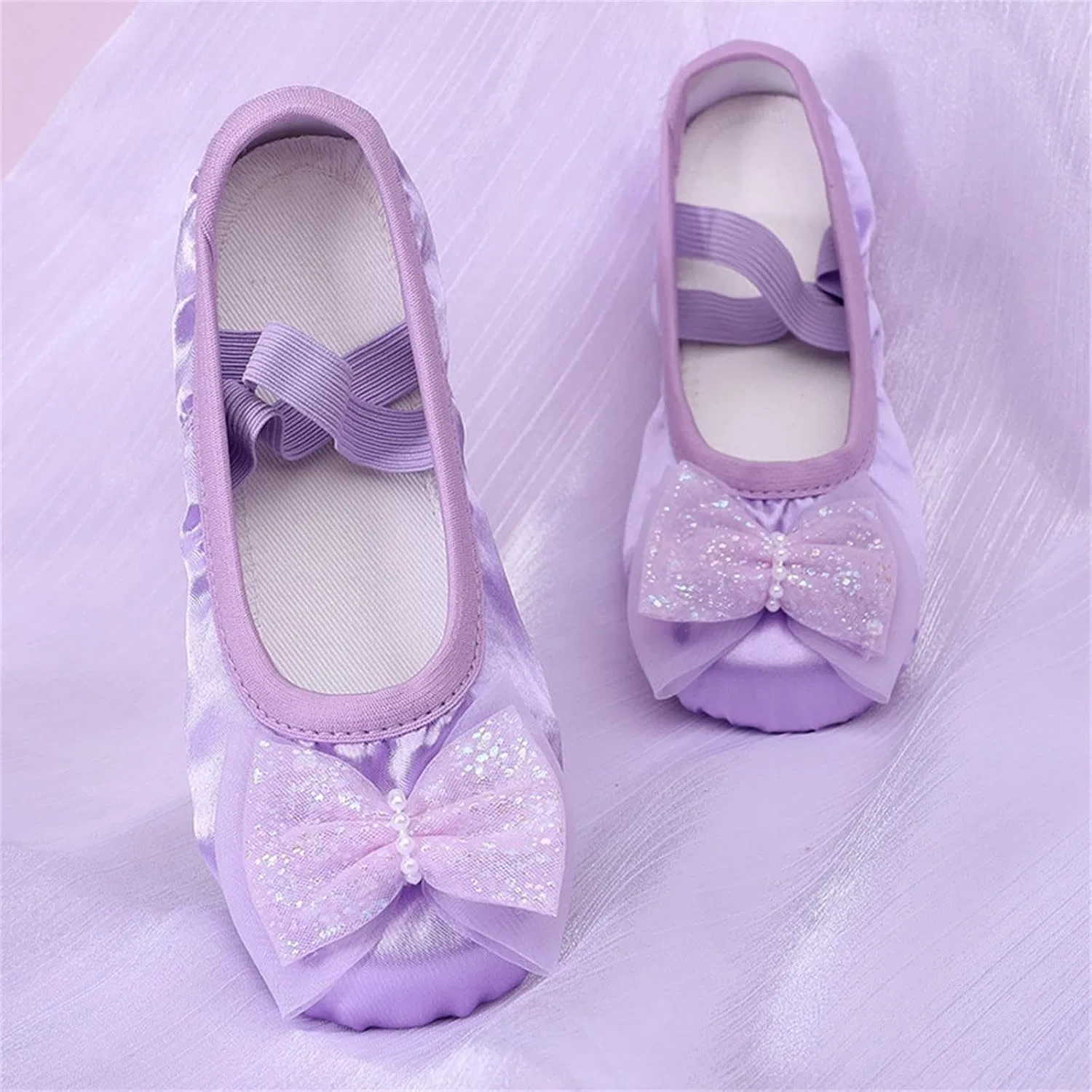 Детские балетки для девочек с бантом из атласа, Purple — фото 3