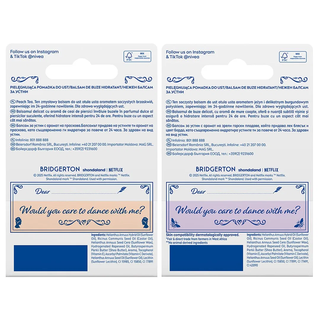 Набор увлажняющих бальзамов для губ Peach Tea + Blueberry Pie Bridgerton Edition NIVEA, Peach Tea/Blueberry Pie — фото 2
