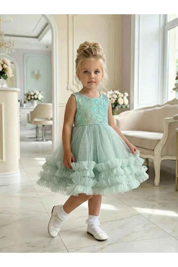 Детское платье для девочек с пайетками с принтом Butikhappykids, Green — фото 3