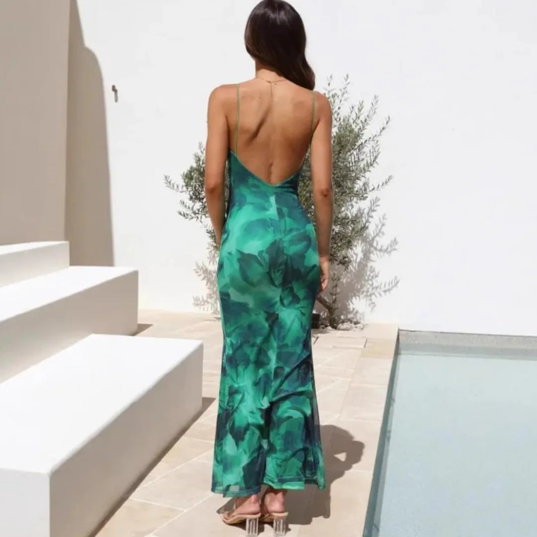 Женское вечернее платье с глубоким декольте и разрезом, Green Print — фото 4