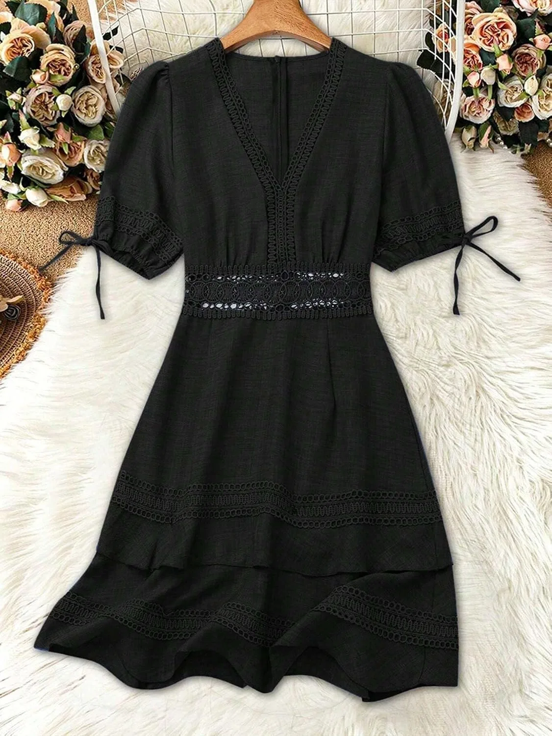 Женское повседневное платье A-силуэта с кружевным поясом, Black — фото 2