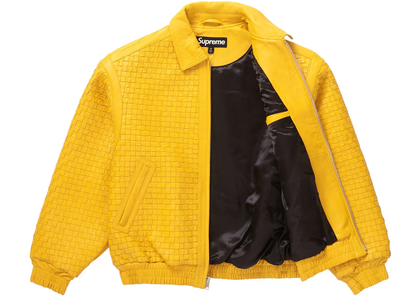 Мужская куртка-бомбер из плетеной кожи Supreme Woven Leather Varsity Jacket, Yellow — фото 2