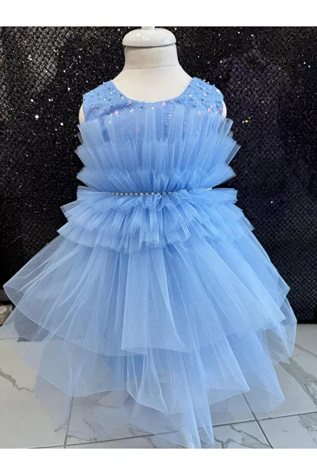 Детское платье для девочек с воланами Pearl Detail Ruffle Floor Puffy Bonita, Baby Blue