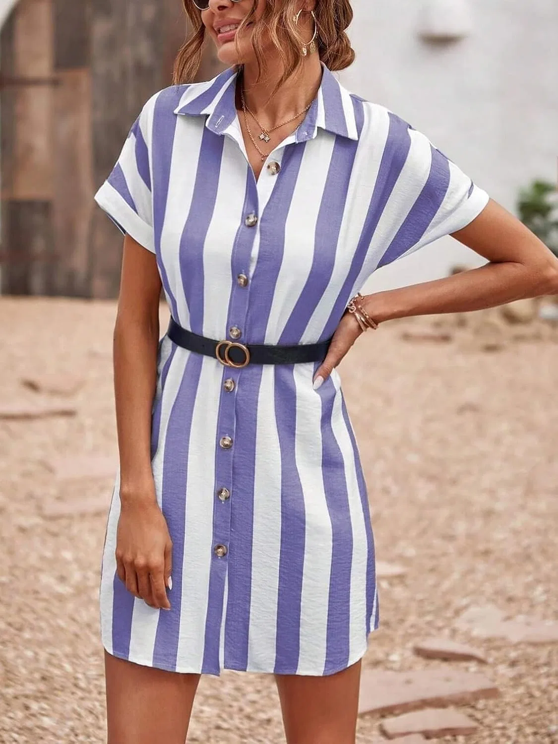 Платье-рубашка с полоской Batwing Sleeve, Blue and White — фото 2