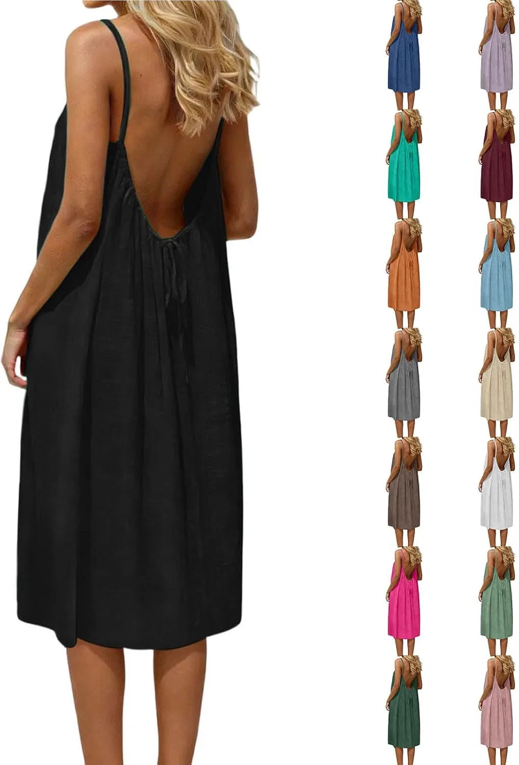 Женское платье на бретелях с открытой спиной Solid Color, Black