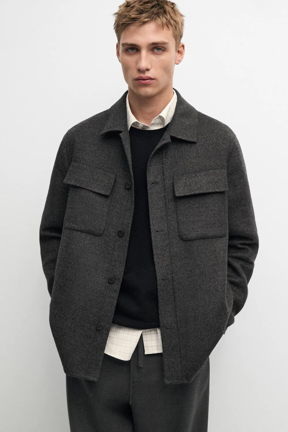 Рубашка-куртка Massimo Dutti, мужская, из смесовой шерсти с карманами, угольный — фото 2