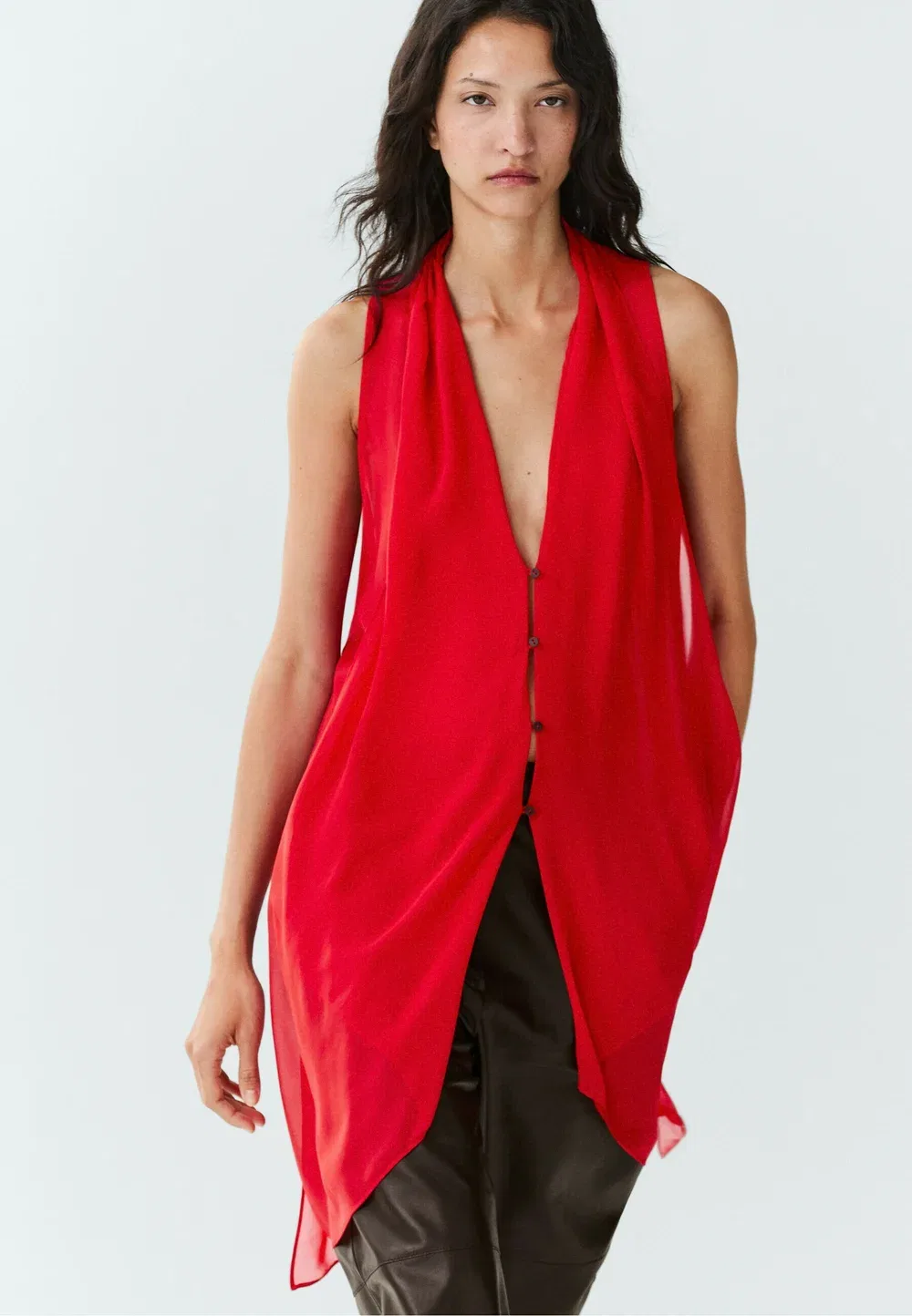 Полупрозрачная блузка из 100% шелка - на пуговицах Massimo Dutti, Red