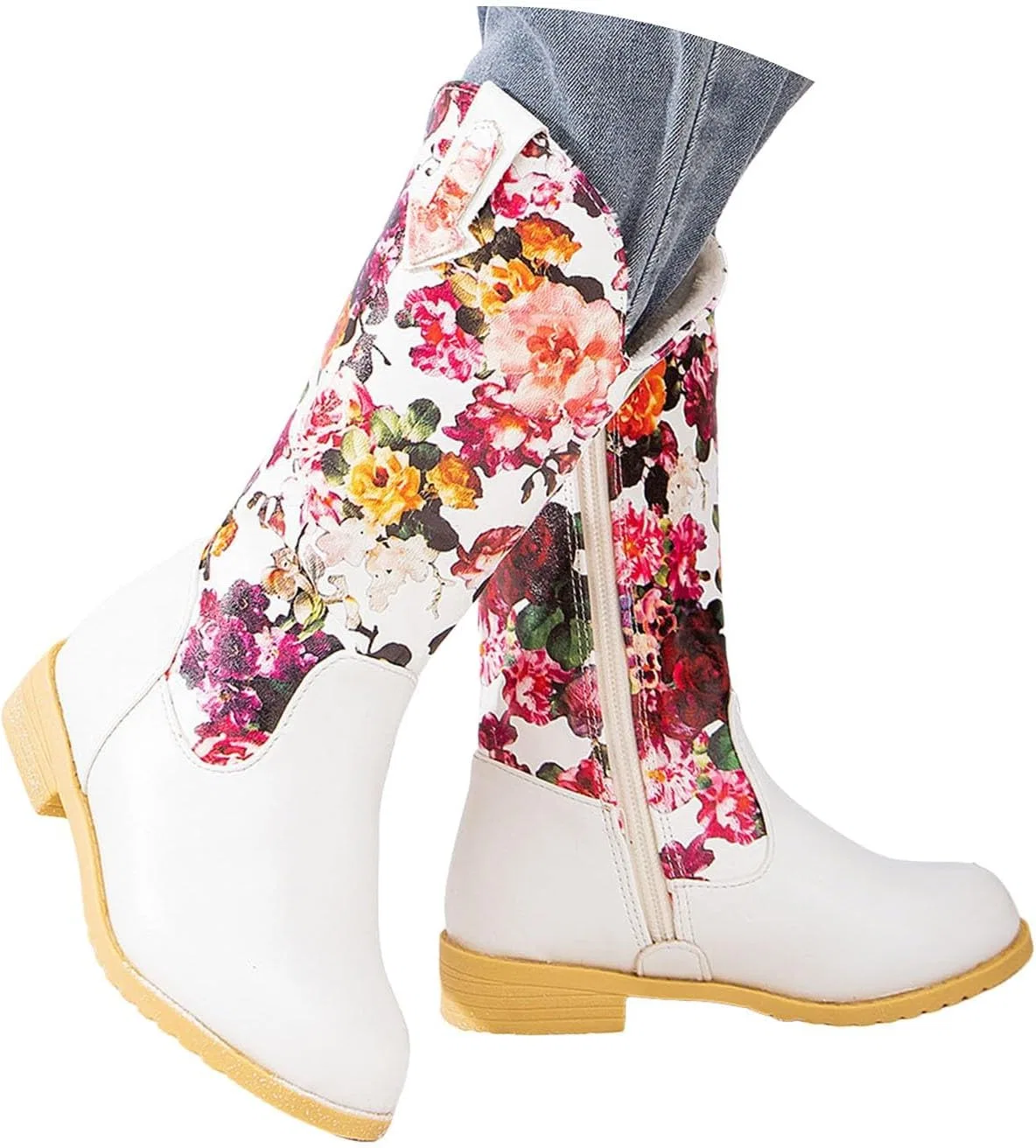 Детские сапоги для девочек с цветочной вышивкой Cowboy Western Boots, White