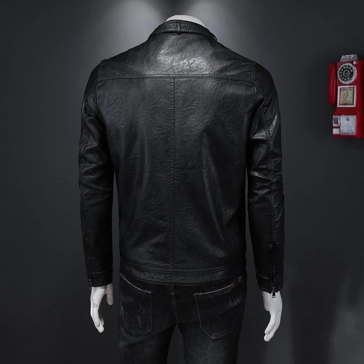 Мужская куртка из экокожи с воротником-стойкой, Cafe Racer Style, чёрный — фото 3