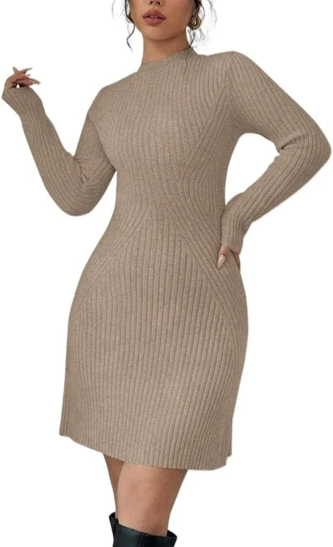 Женское короткое платье-свитер Ribbed Knit Bodycon, Camel