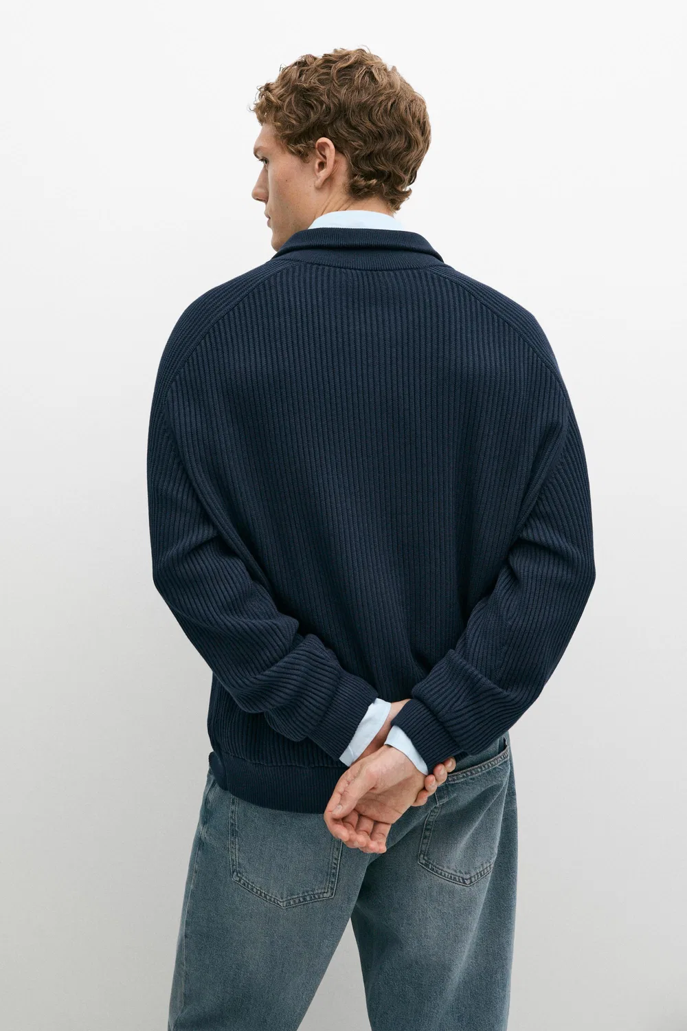 Кардиган Massimo Dutti 100% Cotton Ribbed Knit, темно-синий — фото 4