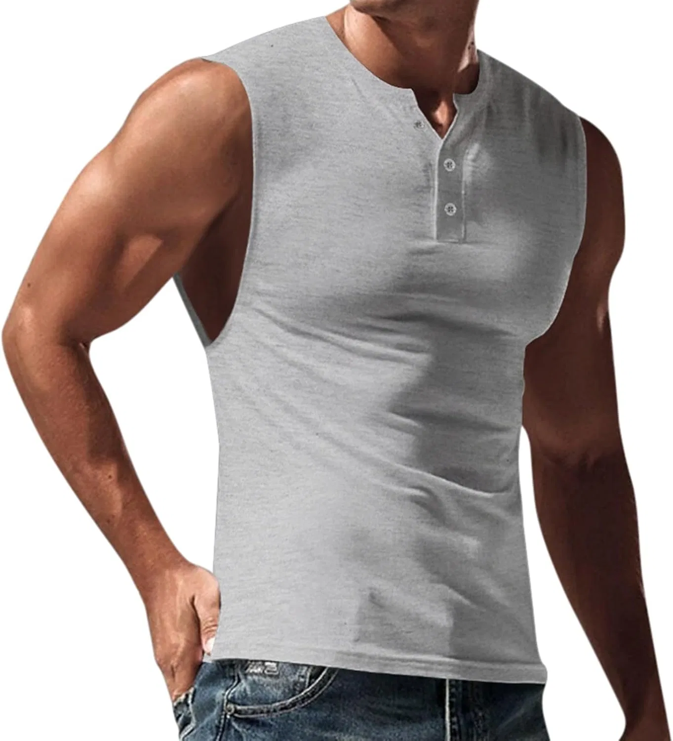 Мужская тренировочная майка без рукавов облегающая Henley, Grey