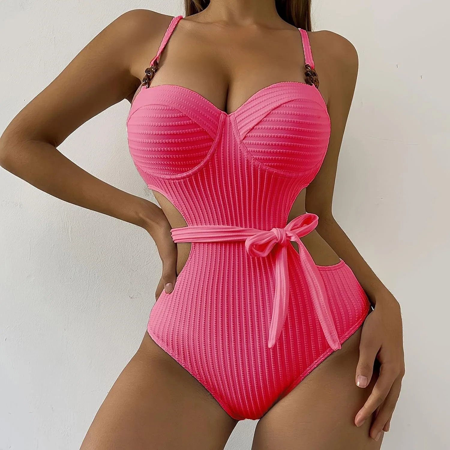 Женский цельный купальник с вырезами и V-образным вырезом, Hot Pink — фото 4