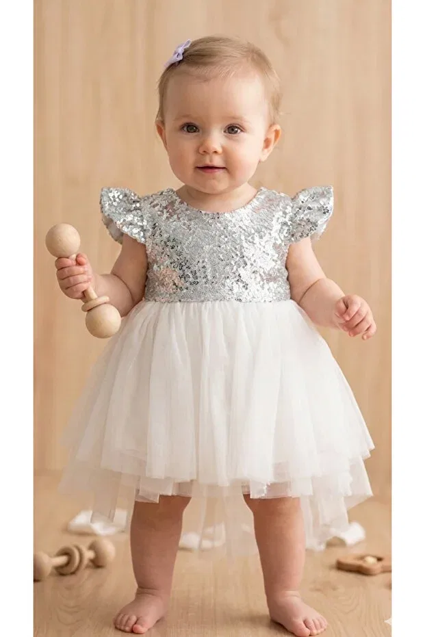Детское платье для девочек с пайетками Mevlitlik short front long back sequined baby evening dress Mini Chics, White