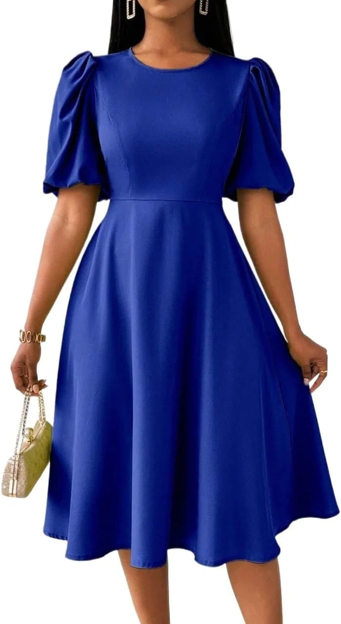 Женское элегантное платье миди A-силуэта с пышными рукавами, Royal Blue