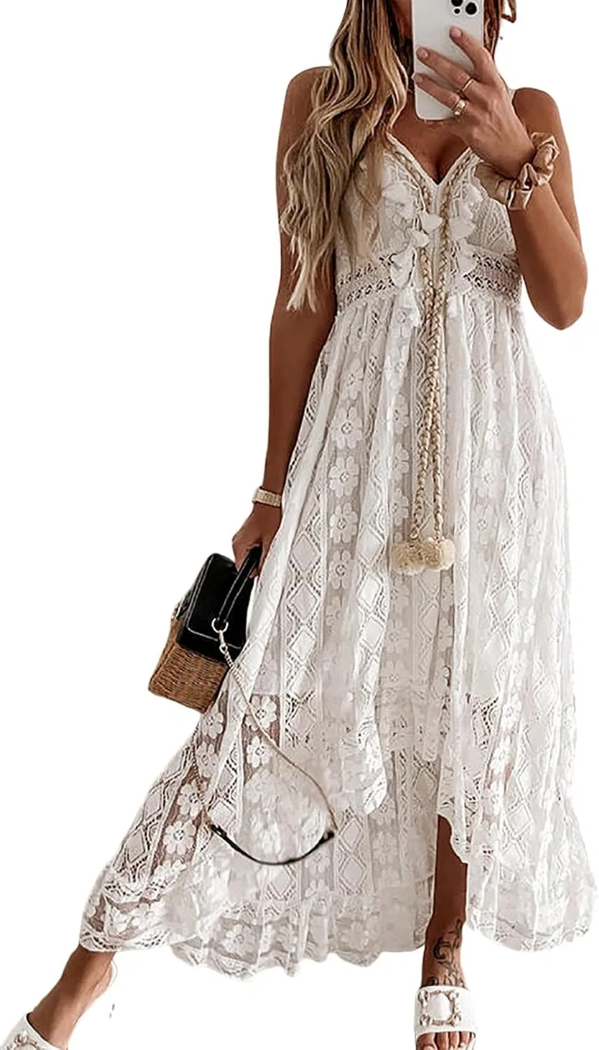Женское кружевное платье макси с кисточками White