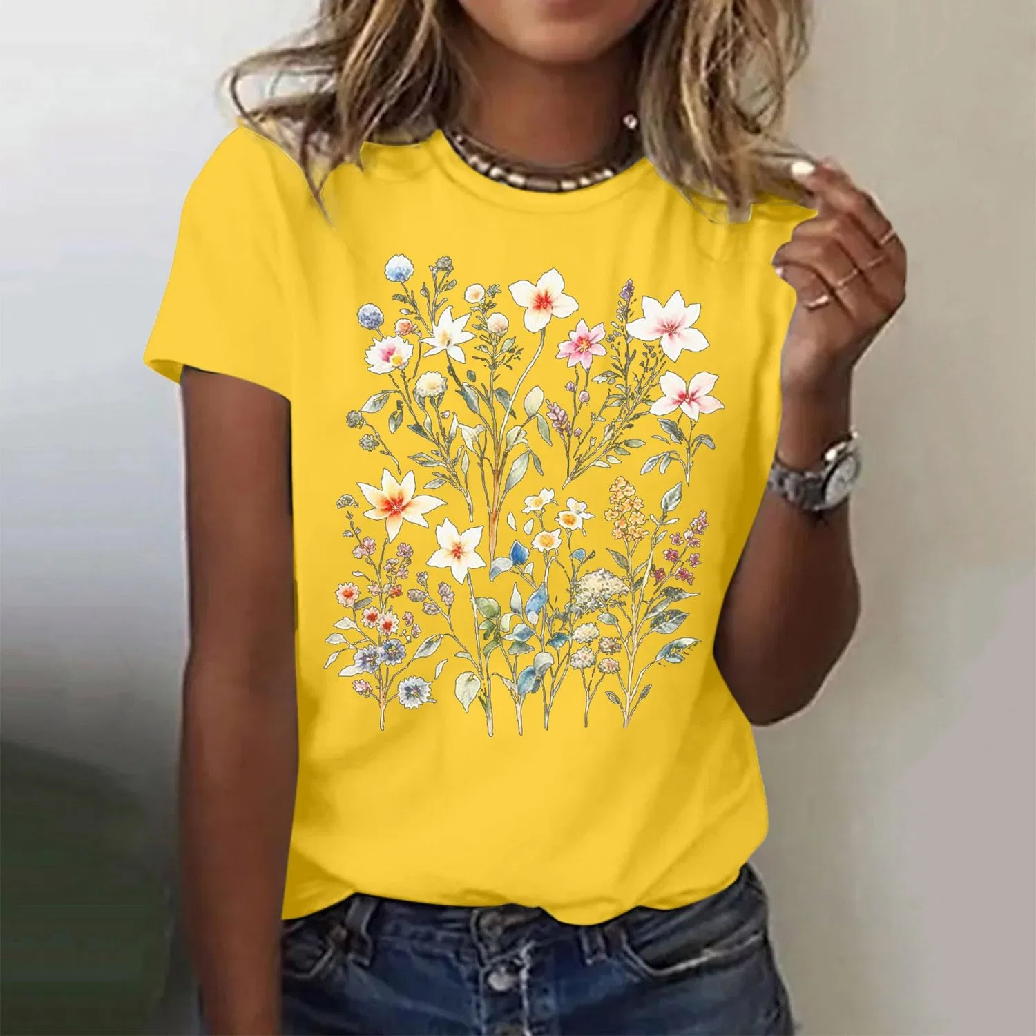 Женская блузка с принтом Girls Graphic Satin Blouses Loose Tops Plus Size Summer Sunflower Women's Basic Cotton Top, 2-yellow — фото 3