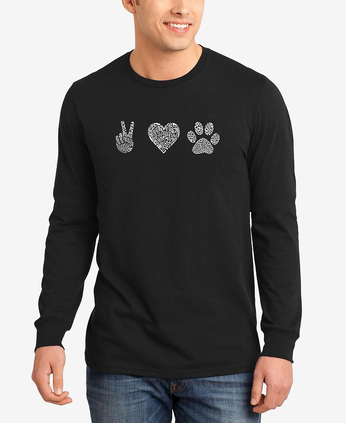 

Мужская футболка с длинными рукавами peace love dogs word art LA Pop Art, черный