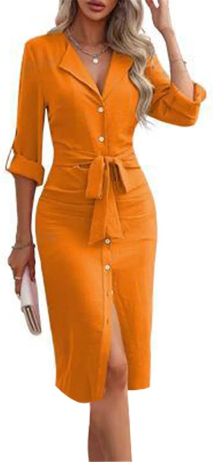 Женское платье-рубашка с поясом Bodycon, Orange