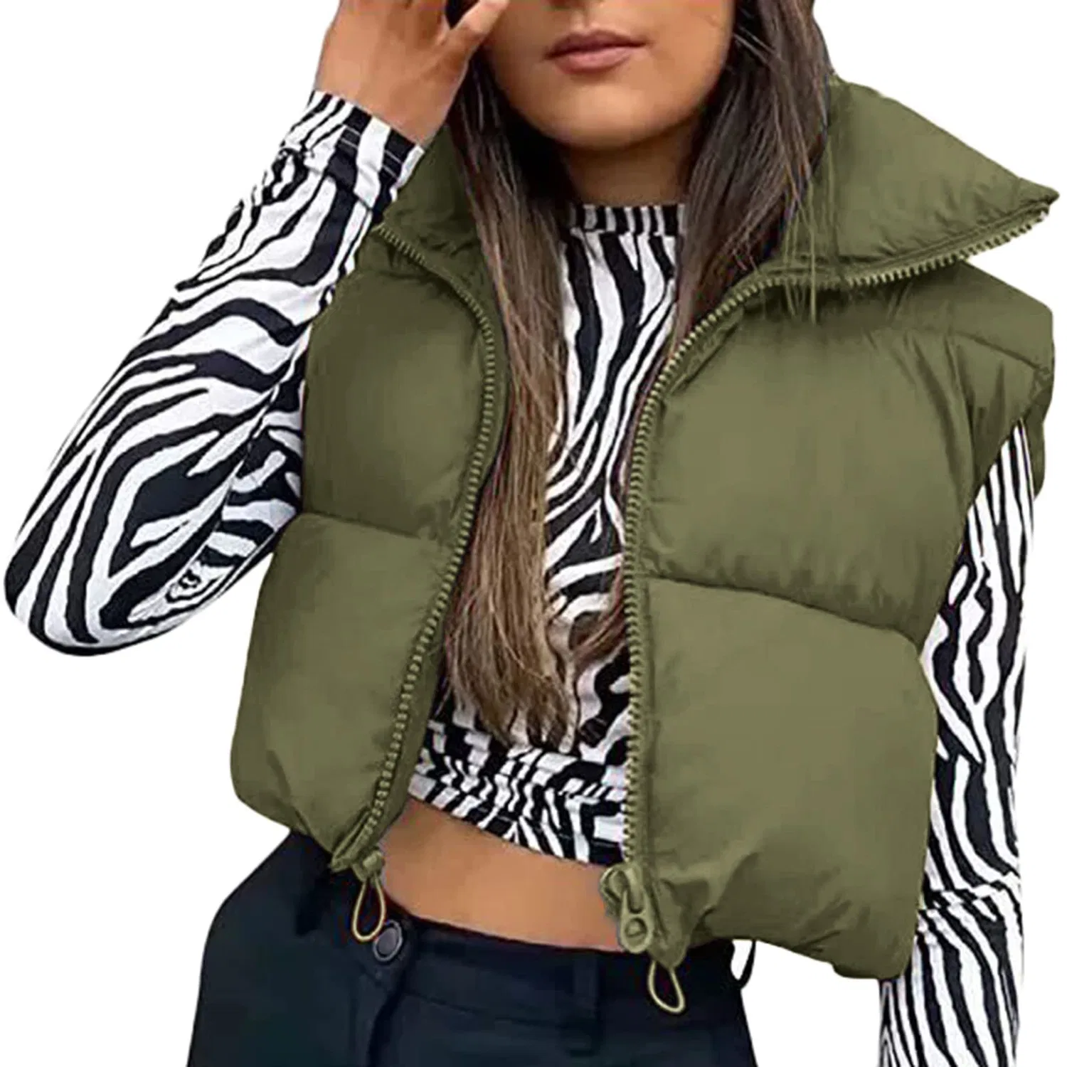 Женский хлопковый жилет с принтом Autumn and Winter Casual Short Drawstring Adjustable Cotton Vest Jacket Women Outdoor Jacket, Verde Militare