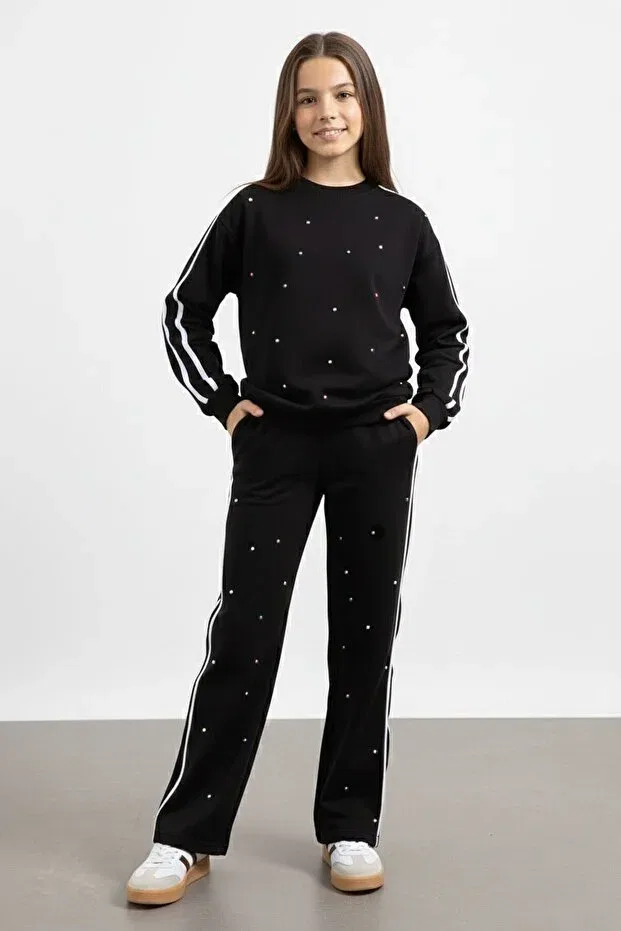 Детский комплект для девочек с принтом Black Pearl Embroidered Crew Neck Girls' Striped Tracksuit Set Cansın Mini, Black — фото 4
