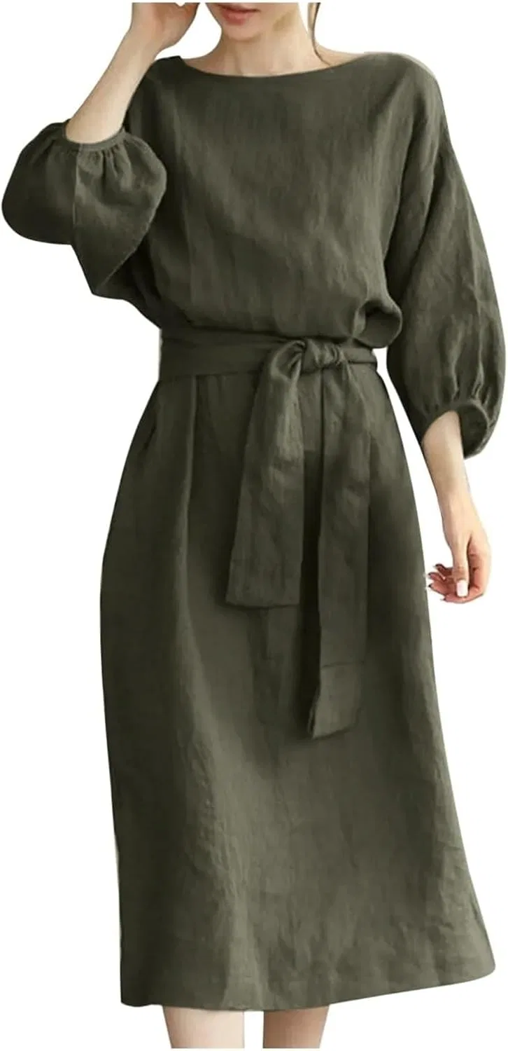 Женское свободное платье макси с длинным рукавом, Green