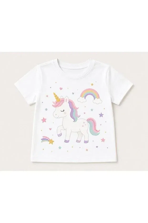 Детская футболка с принтом Unicorn Rainbow Vinraus Giyim, White