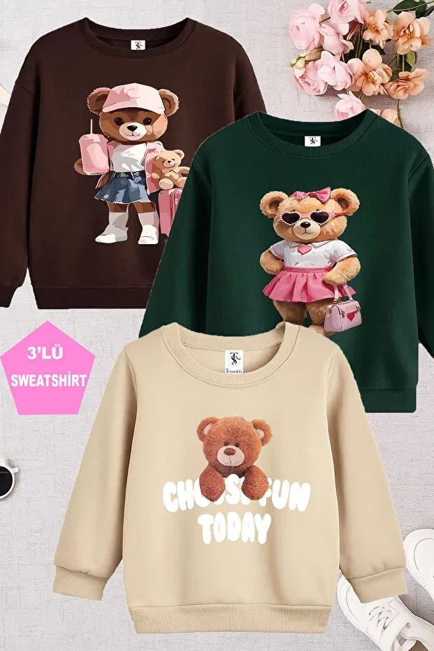 Детские свитшот для девочек с принтом Teddy Bear Printed Triple Crew Neck Twins Tailors, Green