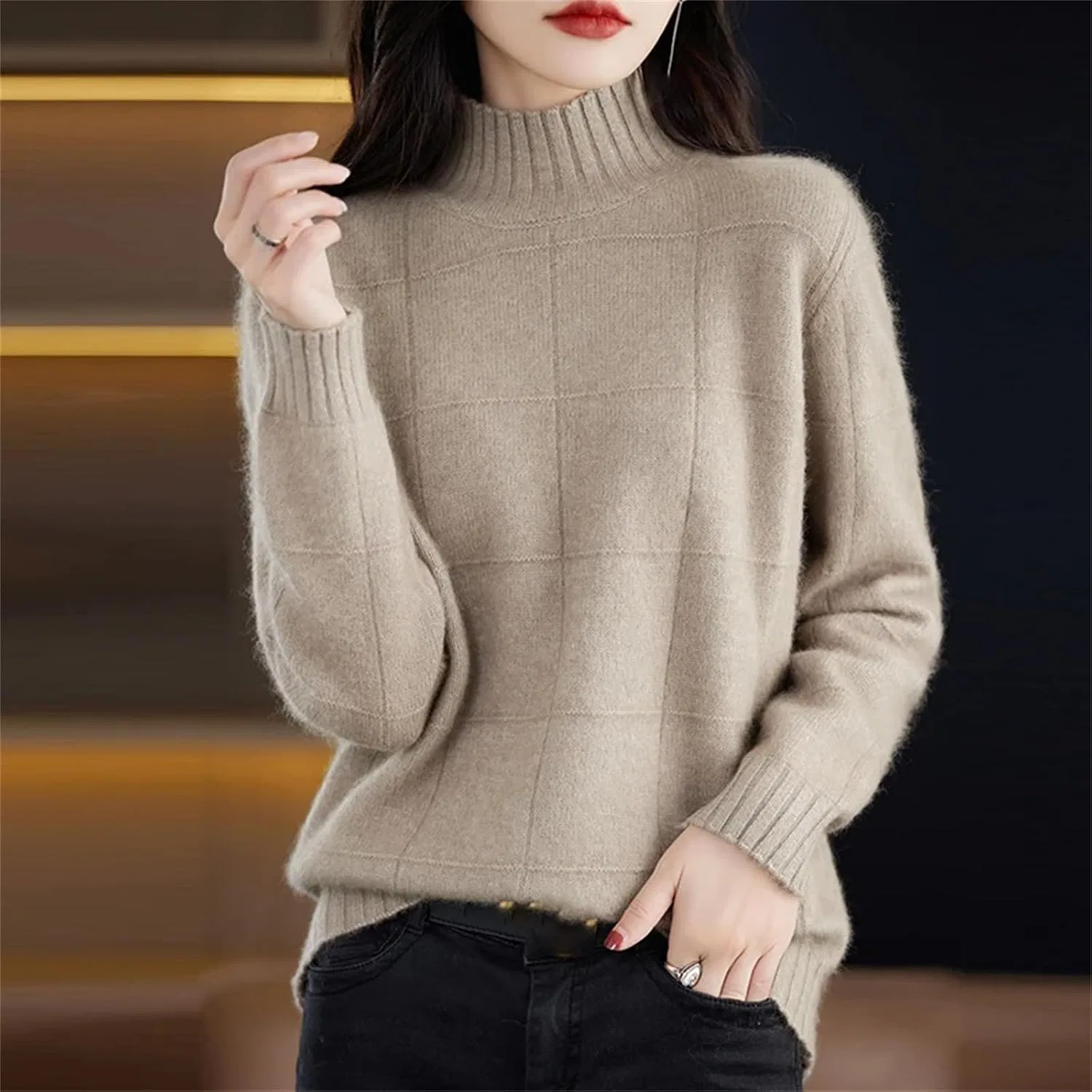 Женский свитер с высоким воротником, из кашемира, Slim Fit, светло-зелёный — фото 3