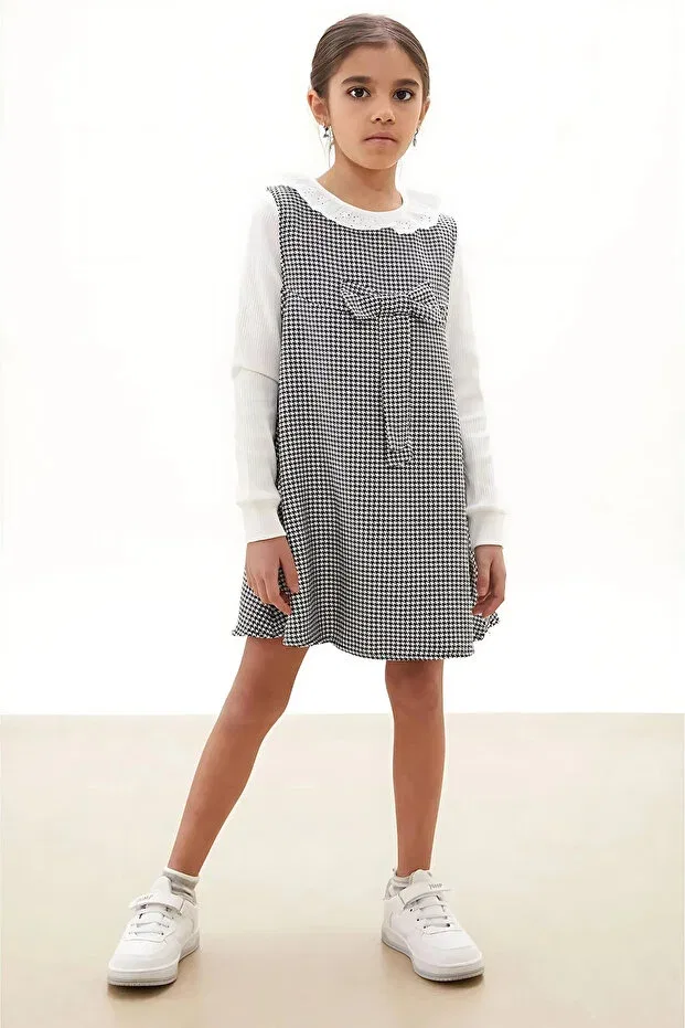Детское платье для девочек хлопковое Festive Black Houndstooth Patterned Girl's Badi Dress with Bow Mevsim Butik, White — фото 2
