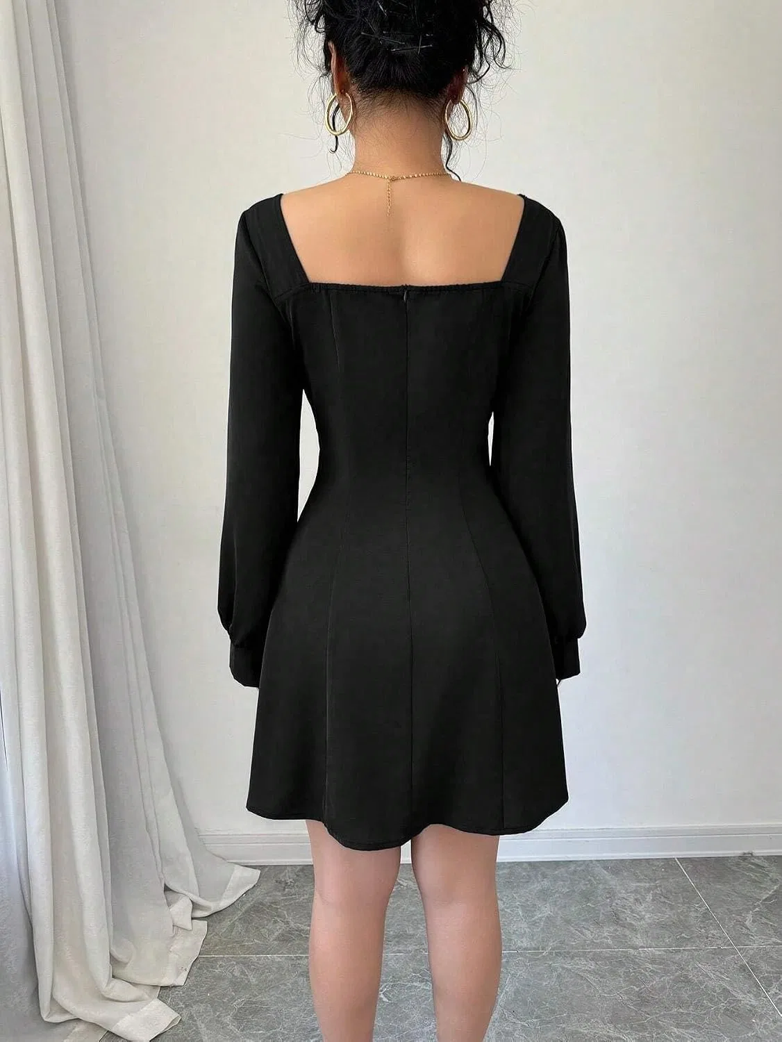 Женское A-силуэта мини-платье с длинным рукавом, Black — фото 3