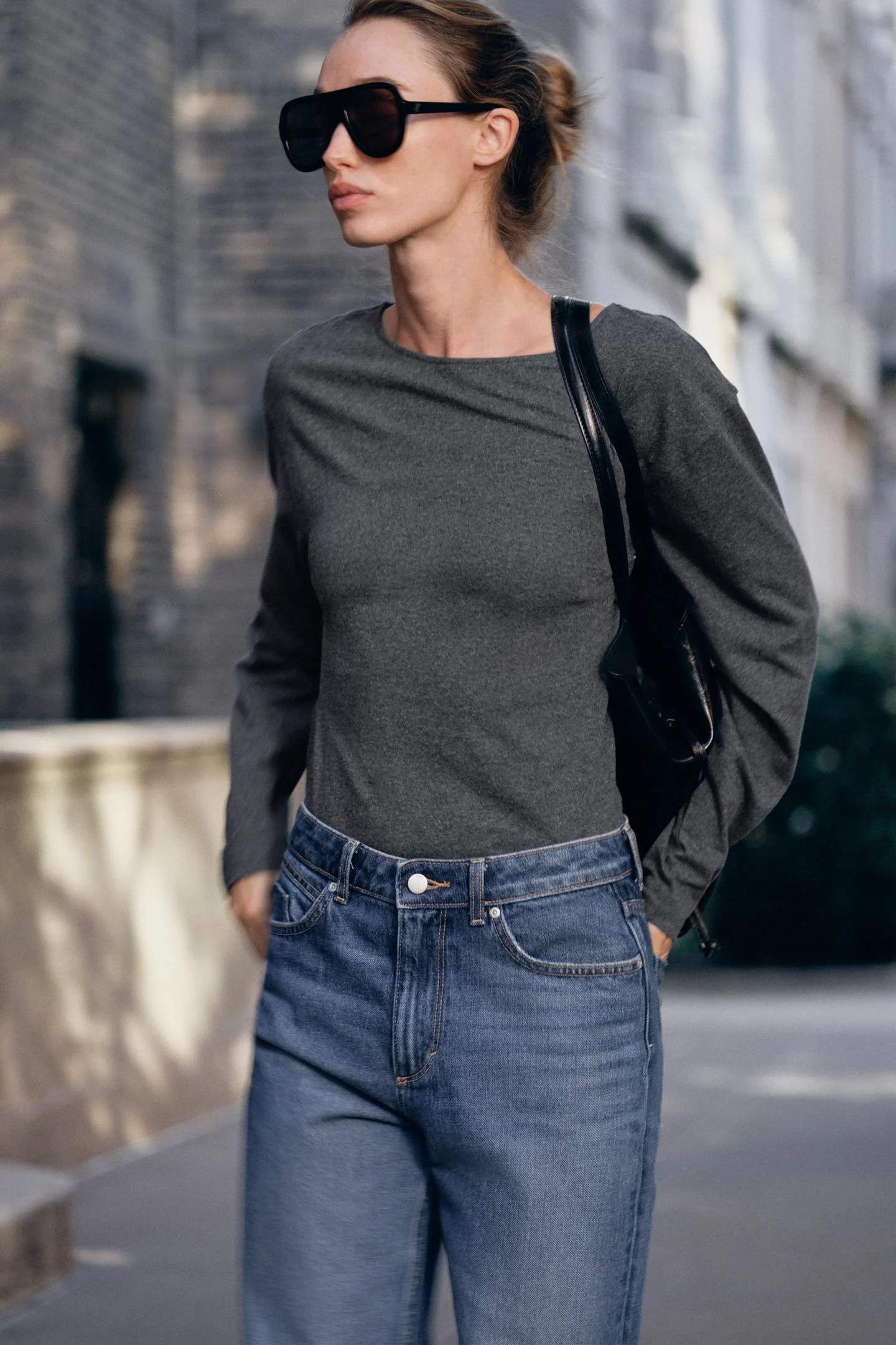 Лонгслив Zara с вырезом лодочка, серый меланж